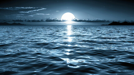 A large moon is reflected in the calm blue water of the ocean
