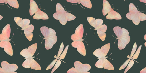 delicate pink butterflies and dragonflies on a dark green background, watercolor seamless pattern for the design of wrapping paper, wallpaper, textiles