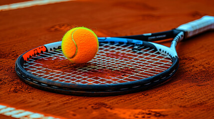 A tennis ball is resting on a tennis racket