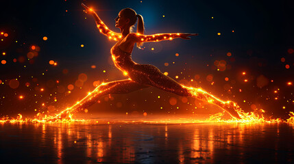 A woman is dancing in the air with fire around her