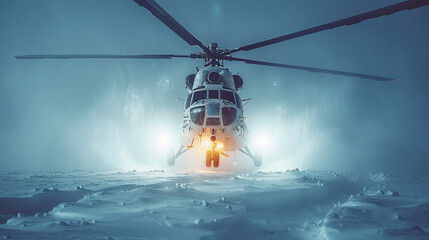 A helicopter is flying in the sky with a snowy landscape below