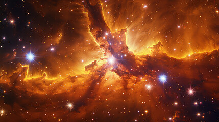 A bright orange cloud of gas and dust in space with many stars