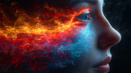 A woman's face is painted with fire and water, creating a surreal