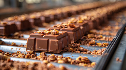 A row of chocolate bars with nuts on top