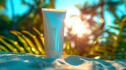 A tube of sunscreen is sitting on the sand in the sun