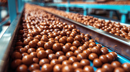 A conveyor belt is filled with chocolate balls