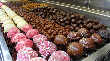 A tray of assorted chocolates with pink and white ones