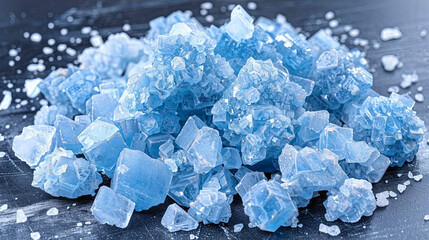 A pile of blue crystals on a table