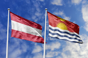 3d illustration. Austria and Kiribati Flag waving in sky. High detailed waving flag. 3D render. Waving in sky. Flags fluttered in the cloudy sky.