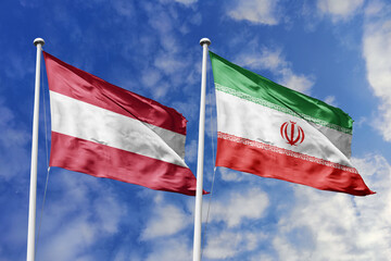 3d illustration. Austria and Iran Flag waving in sky. High detailed waving flag. 3D render. Waving in sky. Flags fluttered in the cloudy sky.