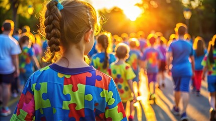 Advocacy Groups: Photograph of individuals participating in an autism awareness walk or event organized by advocacy groups, emphasizing community support and solidarity.