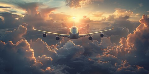 Sunset Serenity: Airplane Wing Piercing Through Majestic Clouds at Dusk