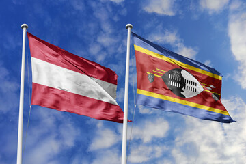 3d illustration. Austria and Eswatini Flag waving in sky. High detailed waving flag. 3D render. Waving in sky. Flags fluttered in the cloudy sky.