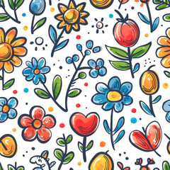 Pattern design with child-drawn flowers and fruits on a white background.