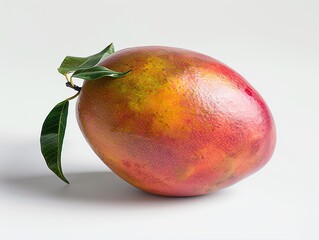 High-resolution image of a whole mango with a smooth, flawless skin, highlighted by soft lighting, isolated on a stark white background for clear focus