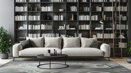 3D rendering of stylish lounge area with comfortable sofa and bookshelves