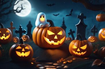Charming Halloween scene with jack-o'-lanterns, a cute ghost
