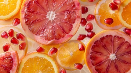 A close up of a sliced orange and a pomegranates background
