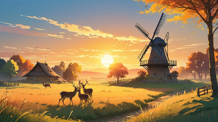 Sunrise over Dobroslav, illuminating the village's rustic windmill with golden hues, casting long...