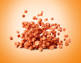 Orange Plastic Pellets Or PVC Polymer Beads Falling On Soft Coral Background 3d Illustration