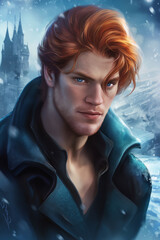 Portrait of a handsome fantasy man, handsome male face, winter, male prince, male dragon, fantasy style, man for book cover, digital art