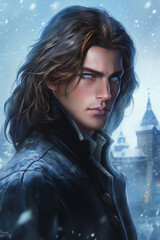 Portrait of a handsome fantasy man, handsome male face, winter, male prince, male dragon, fantasy style, man for book cover, digital art