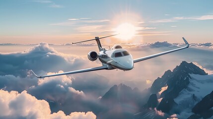 luxury private jet plane flying above sea of ​​clouds at sunset