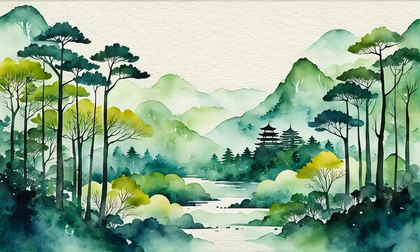 Soft pastel color watercolor abstract brush painting art of beautiful mountains, mountain peak minimalism landscape with golden lines, panorama banner illustration, white background