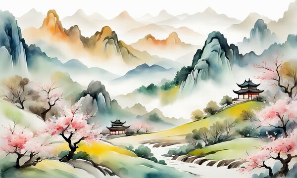 Soft pastel color watercolor abstract brush painting art of beautiful mountains, mountain peak minimalism landscape with golden lines, panorama banner illustration, white background