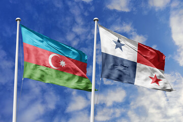 3d illustration. Azerbaijan and Panama Flag waving in sky. High detailed waving flag. 3D render. Waving in sky. Flags fluttered in the cloudy sky.