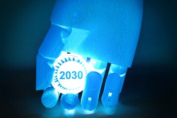 2030 Spread and Development Artificial Intelligence in New Year. Hand robot . Modern digital technology concept.
