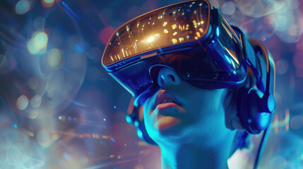 Close-up of beautiful boy child face model wearing vr virtual reality headset glasses and experiencing fantasy planet world future technology immersive content