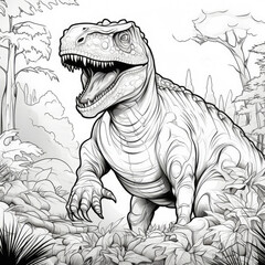 Naklejka premium Coloring page, dinosaur in the forest doodle style
