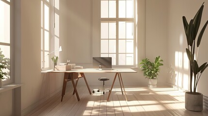 3D rendering of stylish workspace with minimalist desk and bright natural light