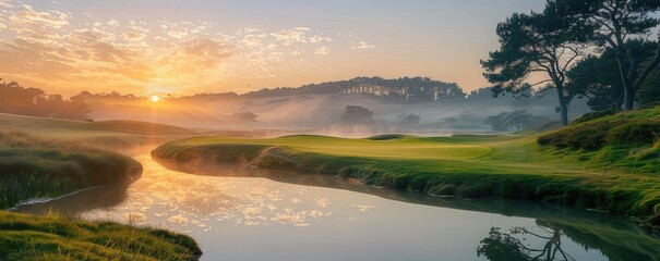 beautiful, modern, natural background with sunrise over the river, for websites. Serene dawn landscape, morning fog over the water, green banks and trees by the river.