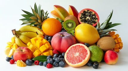 assorted tropical fruits including oranges, bananas, kiwis, grapes, and kiwifruit arranged on a transparent background