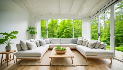 Modern white living room with large windows overlooking a lush forest, complete with a cozy sofa and wooden accents.
