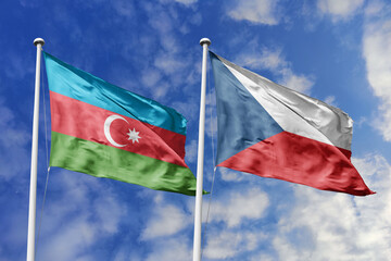 3d illustration. Azerbaijan and Czech Republic Flag waving in sky. High detailed waving flag. 3D render. Waving in sky. Flags fluttered in the cloudy sky.