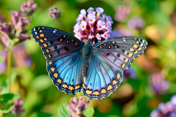 Beautiful Blue Morpho butterfly rests among the foliage of a garden