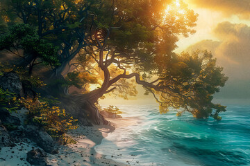 A beautiful scene of a tree with its branches reaching out over the ocean