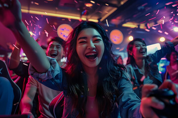 Enthusiastic group of companions cheering for triumph of young Asian woman in virtual game as they stand by her in contemporary gaming venue.