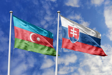 3d illustration. Azerbaijan and Slovakia Flag waving in sky. High detailed waving flag. 3D render. Waving in sky. Flags fluttered in the cloudy sky.