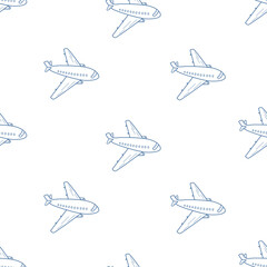 Seamless Pattern Passenger plane in flight. Vector illustration of an airplane doodle sketch