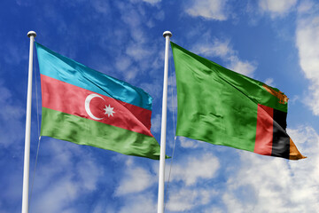 3d illustration. Azerbaijan and Zambia Flag waving in sky. High detailed waving flag. 3D render. Waving in sky. Flags fluttered in the cloudy sky.