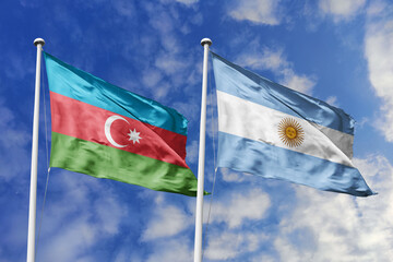 3d illustration. Azerbaijan and Argentina Flag waving in sky. High detailed waving flag. 3D render....