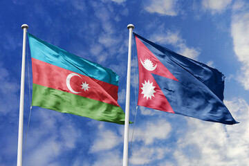3d illustration. Azerbaijan and Nepal Flag waving in sky. High detailed waving flag. 3D render....
