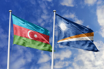 3d illustration. Azerbaijan and  Marshall Islands Flag waving in sky. High detailed waving flag. 3D...