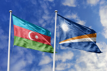 3d illustration. Azerbaijan and  Marshall Islands Flag waving in sky. High detailed waving flag. 3D render. Waving in sky. Flags fluttered in the cloudy sky.