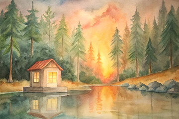 Fototapeta premium Cabin near lake in forest, watercolor illustrations, forest landscape, forest items, life in forest