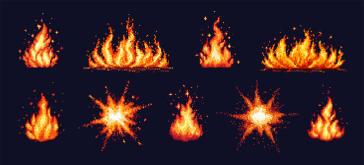 Pixel art fire. Red explosion and bonfire, burning campfire with flame, ignitions and sparks on dark night background. 8 bit pixel video 80s game vector isolated set